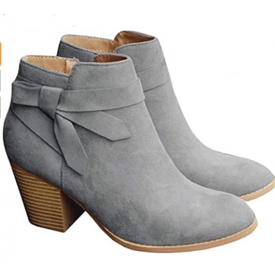 Grey PiePieBuy Women's Tie Knot Chelsea Pump Ankle Boots Closed Toe Stacked Heel Booties Shoes